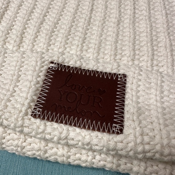 White Love Your Melon cuffed beanie with brown patch. - Picture 3 of 6